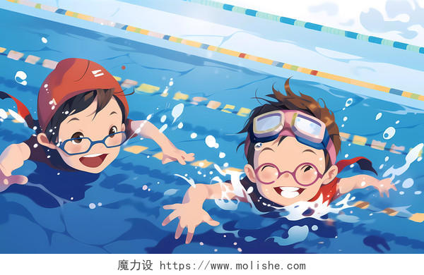 游泳招生插画风格夏天夏季儿童游泳的场景